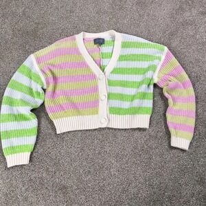 Hudson Y2K Colorblock Striped Knit Cardigan Pink Green Womens M